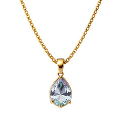 Elegant gold chain necklace with a pear shaped light blue gemstone pendant.
