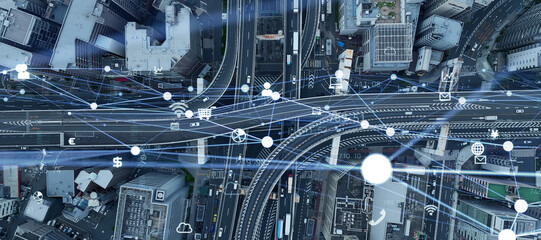 Concept image of modern city, roads and communication networks. Wide angle visual for banners or...
