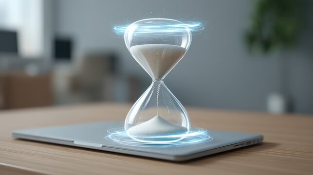 Digital hourglass with glowing effect on laptop, representing time management and the passage of time in a modern workspace environment
