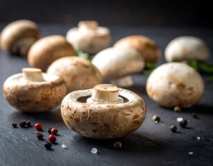 A close-up shot features an array of fresh button mushrooms, some in focus, others blurred. Various sizes and colors