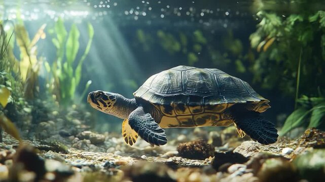 Close-up of a turtle swimming in an aquarium with green plants in the background
