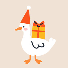Cute white duck in Santa cap and gift box. Hand drawn vector illustration. Funny animal isolated. Naive Christmas childish design.Cool comic character, kids poster, xmas card, social media banner.