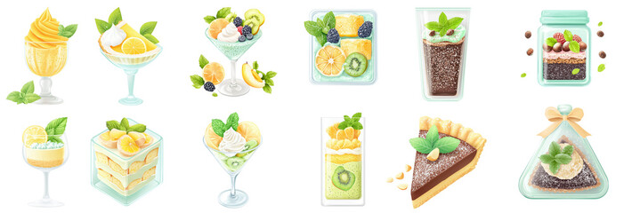 Fototapeta premium Kiwi and chocolate desserts such as a kiwi fruit salad, kiwi custard, chocolate and hazelnut tart, fruit cake, custard layered trifle, watercolor dessert clipart set