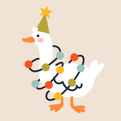 Cute white duck in Christmas tree outfit. Hand drawn vector illustration. Funny animal isolated. Naive Holiday childish design.Cool comic character, kids poster, xmas card, social media banner.