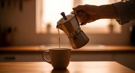 Pouring fresh hot Moka coffee into cup on wooden counter in a sunny kitchen