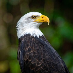 Obraz premium A close-up profile of an American bald eagle, showing its white head, bright yellow beak, brown feathered body, and intense yellow eyes, against a soft green background