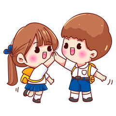 Cute cartoon Thai students, a boy and a girl, giving a high five. Back to school friendship and teamwork vector illustration.