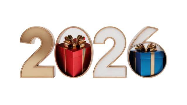 Golden and white numbers 2026 with red and blue gift boxes inside isolated on transparent background