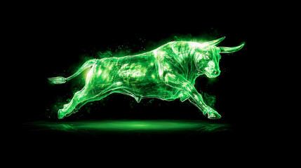 Dynamic bull market visualization financial district digital artwork futuristic theme aerial perspective investment concept