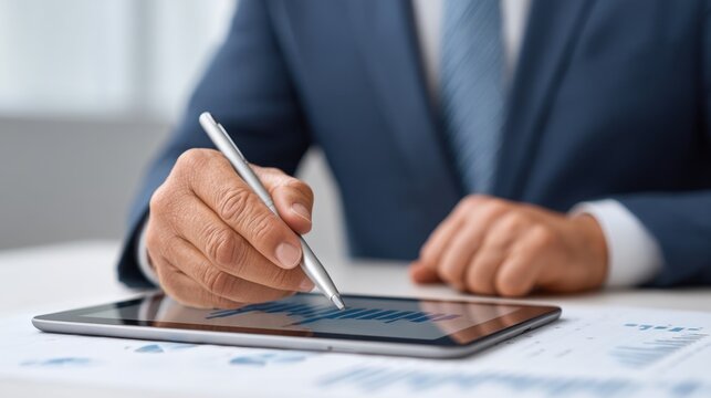 Business professional using digital tablet with stylus to analyze financial charts and data in modern office environment with sunlight from window
