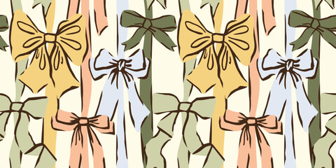 Seamless Christmas pattern with various cute bow knots,vertical gift ribbons. Trendy coquette core design. Hand drawn vector illustration. Holiday background, wrapping paper.