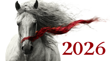 Red satin ribbon shaped as 2026 with horse symbol