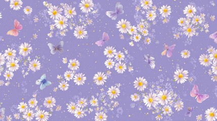 Daisies and colorful butterflies on lavender background. AI generated