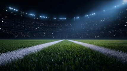 Illuminated football field at night with central line perspective. AI generated