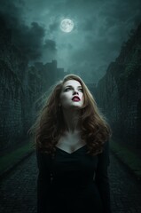 Fototapeta premium Surreal vibrant female vampire with pale skin and piercing green eyes, standing on the worn pavement of an ancient castle with crumbling stone walls and overgrown with moonlight generative AI