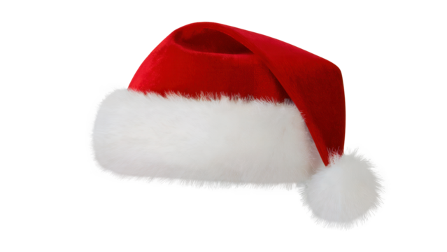 Classic red and white santa claus hat with fluffy trim and pom pom isolated on transparent background for festive holiday celebrations