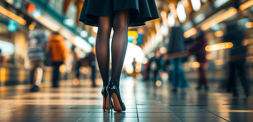 Female legs from behind in a black skirt, stockings, and high-heeled shoes in a busy train station hall. Motin blurred people and warm sunlight generative AI