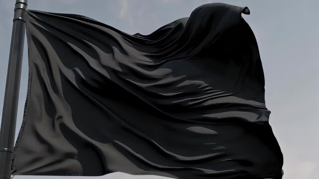 A black flag billows in the wind, attached to a tall pole against a cloudy sky backdrop