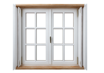 White window with wooden frame and shutters