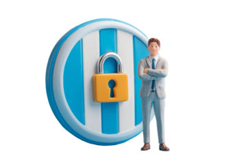 business character presenting a shield with padlock for cybersecurity
