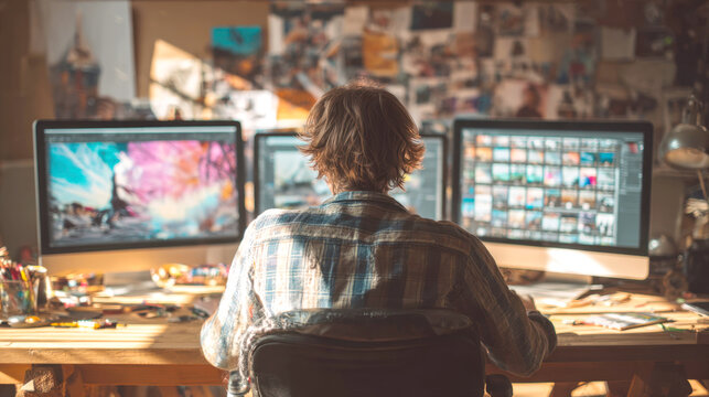 Artist or designer works intensely at desk with a three-monitor setup in home studio, focusing on digital editing, creative projects. Themes of dedicated professional's inspiring, cluttered workspace