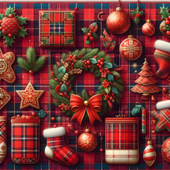 New Year and Christmas Decorations on Wooden Table Background