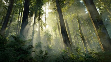 Obraz premium Sunlight through dense forest canopy. AI generated