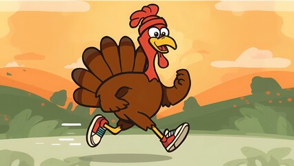 Playful Cartoon Turkey Trot for Thanksgiving Celebration in Autumn Landscape