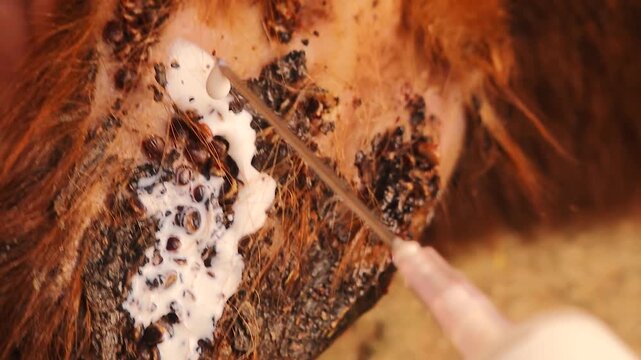 Veterinarian treats a sheep&rsquo;s ear infested with ticks using acaricide. Real footage showing parasite control, animal welfare and zoonotic disease studies such as babesiosis, Lyme disease. Veterinary