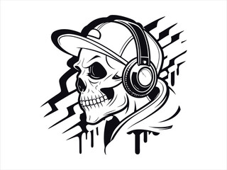 3d Monochrome Skull with Headphones t-shirt design vector