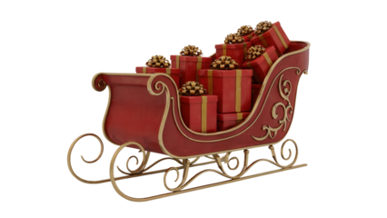 A festive red and gold ornate sleigh overflowing with many wrapped christmas presents and gifts isolated on transparent background