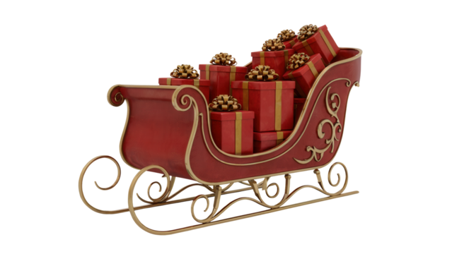 A festive red and gold ornate sleigh overflowing with many wrapped christmas presents and gifts isolated on transparent background