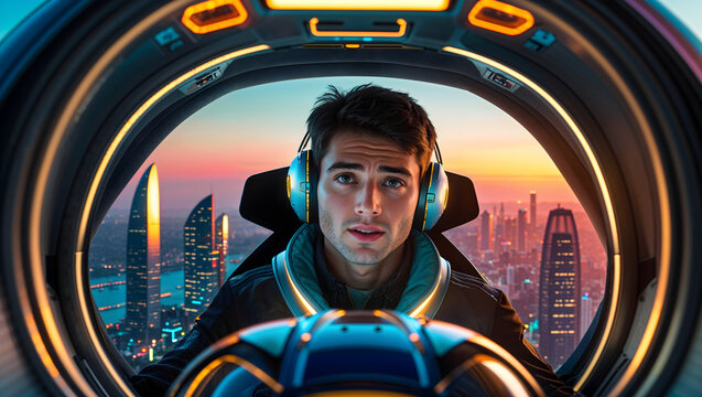Young man with short dark hair and brown eyes sitting in a sleek futuristic cockpit of a advanced vehicle with metallic and neon accents at a sprawling metropolis in the future  generative AI