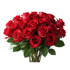 Obraz premium Classic Bouquet of Red Roses with Green Leaves, Front View, Isolated on Transparent Background