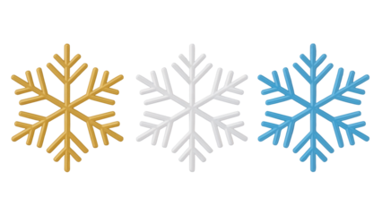 Three distinct snowflake icons in gold white and blue colors arranged horizontally isolated on transparent background