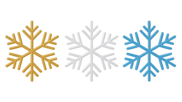 Three distinct snowflake icons in gold white and blue colors arranged horizontally isolated on transparent background - Powered by Adobe