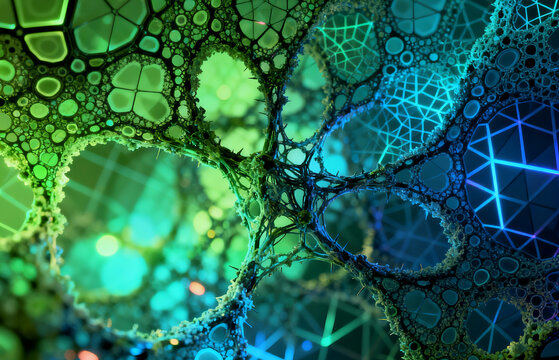 Abstract fractal art with vibrant green and blue glowing geometric patterns and intricate cellular structures - Powered by Adobe