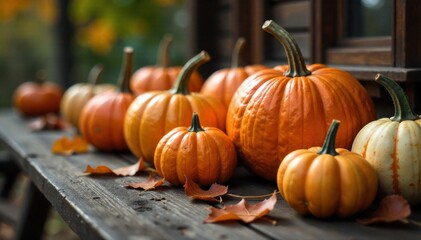 Golden Autumn Harvest Bounty with Natural Textures A close up, top down view of a rustic wooden table overflowing with various pumpkins, gourds, ears of corn, and scattered autumn leaves. Golden hour
