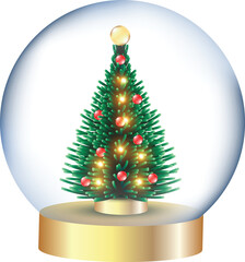 Festive Christmas tree inside a snow globe with golden base and twinkling lights