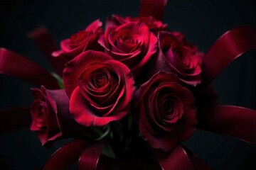Elegant Rose Petals Velvet Ribbons An elegant and luxurious composition of deep crimson rose petals softly scattered and intertwined with flowing dark velvet ribbons on a richly textured, dark
