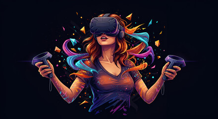 Female Gamer Wearing Virtual Reality Headset Playing Video Games with Colorful Abstract Background