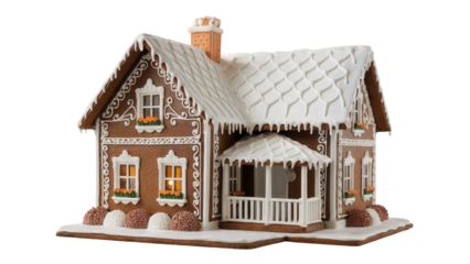 Detailed christmas gingerbread house with snow and icicles on roof and porch isolated on transparent background