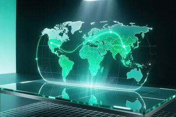 Glowing world map hologram network carbon credit tokenization trend spotlight glass table, futuristic data flow connects continents with green