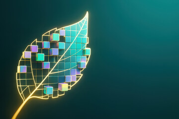 Digital leaf mosaic, green technology, blockchain concept, carbon credit tokenization creating eco innovation with glowing grid and cubes