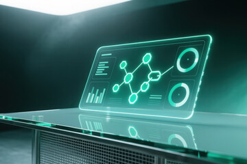 Futuristic dashboard interface holographic display with neon green data visualization carbon credit tokenization workflow sleek control panel dark