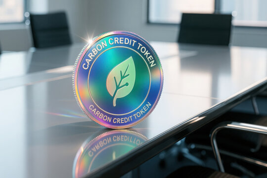 Holographic coin, carbon credit tokenization concept on conference table in modern office with eco leaf icon and clean light