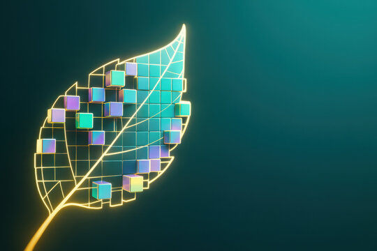 Digital leaf mosaic, green technology, blockchain concept, carbon credit tokenization creating eco innovation with glowing grid and cubes