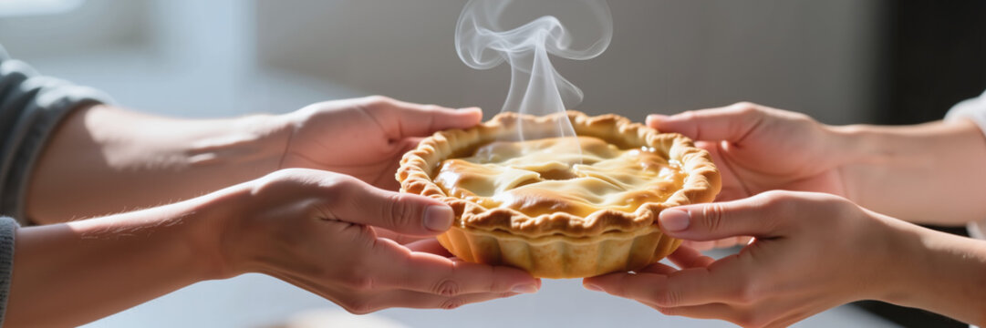 Hands passing a warm homemade pie in a cozy kitchen   - Powered by Adobe