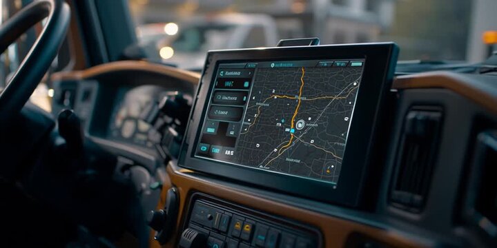 IoT logistics solutions Truck dashboard IoT screen updating route in real-time Camera over-the-shoulder Motion GPS map animation