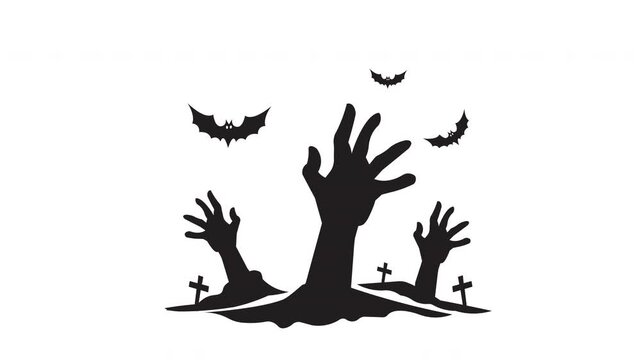 Animated Zombie Hands Rising from Grave with Bats. Spooky Halloween Illustration